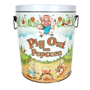 Vintage "Pig Out On Popcorn" Pigs Hogs Piggy Farmhouse Humor Popcorn Tin USA